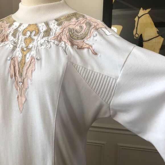 Vintage 80s 90s Mock Neck Appliqué Bling Top L - Picture 7 of 11